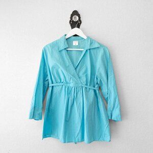 Motherhood Maternity L Blue Wrap Tie Back 3/4 Sleeve Cotton Top